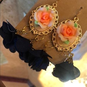 3D 22K Gold Plated Flowered Dangly Earrings